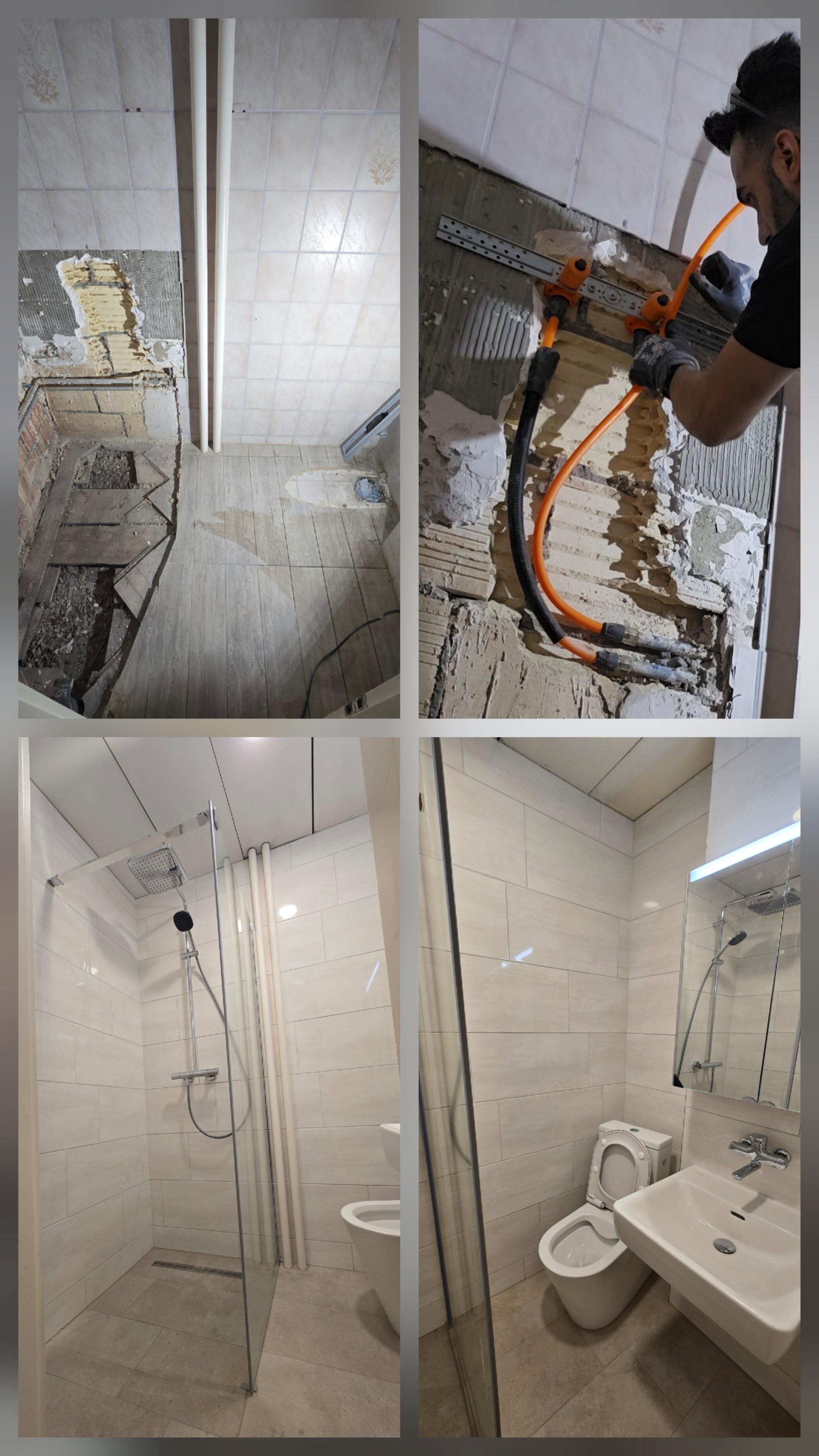 Badumbau von Karakas Gebäudetechnik, vom Rückbau bis zur fertigen Dusche